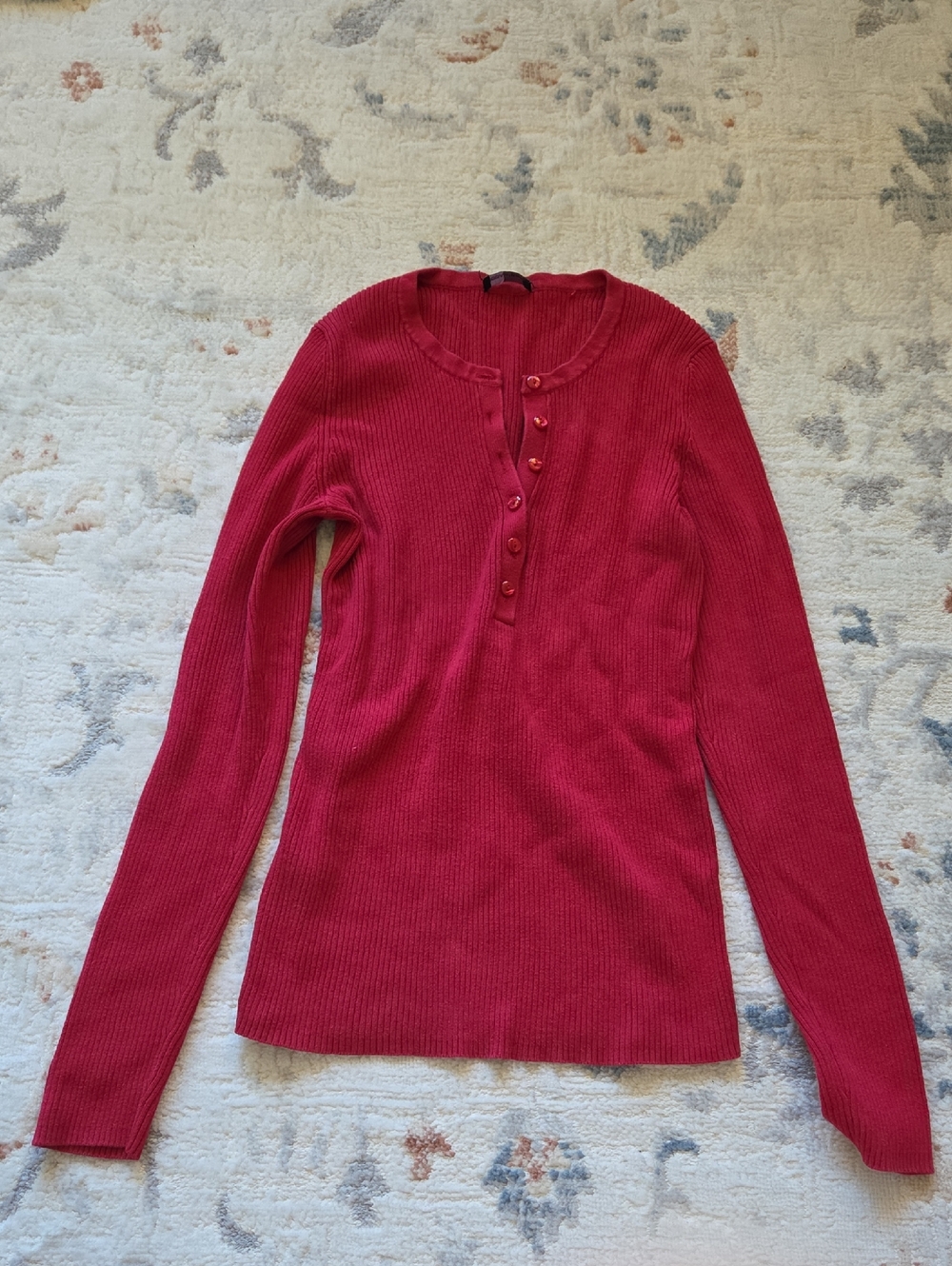 Moda International Red Ribbed Henley Long-Sleeve Top